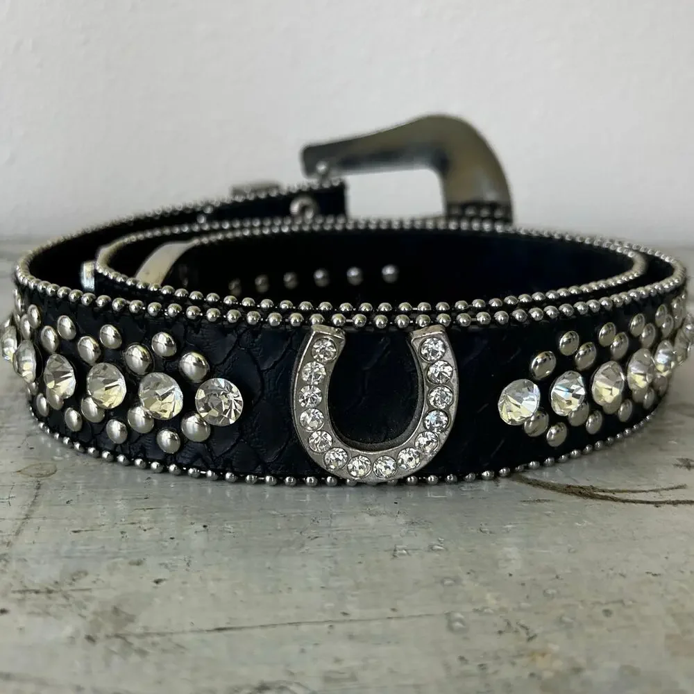Vintage Rhinestone Studded Leather Bling Western Glam Statement Belt Y2K 34 - 36